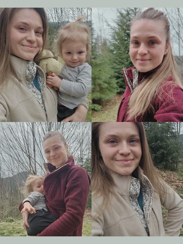 collage wearing Wildelore sweater in Cranberry Ridge and Birch Beige